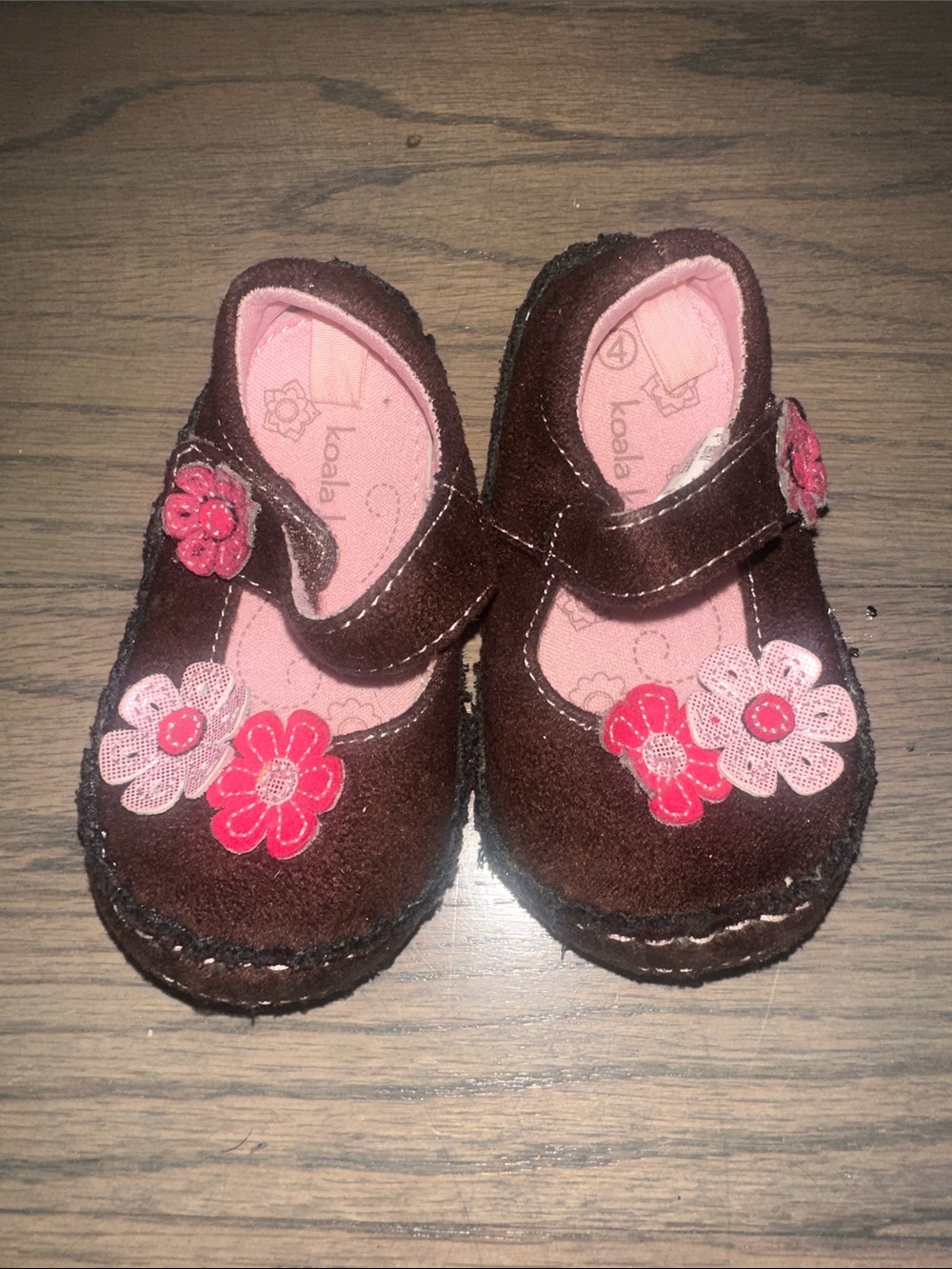 Koala Kids Brown Suede Mary Janes with Pink Flower Accents